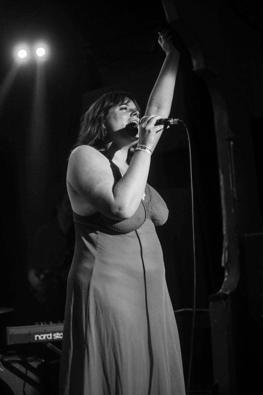 A black and white photograph that looks up at Madeline singing centerstage with her left arm raised to the crowd.